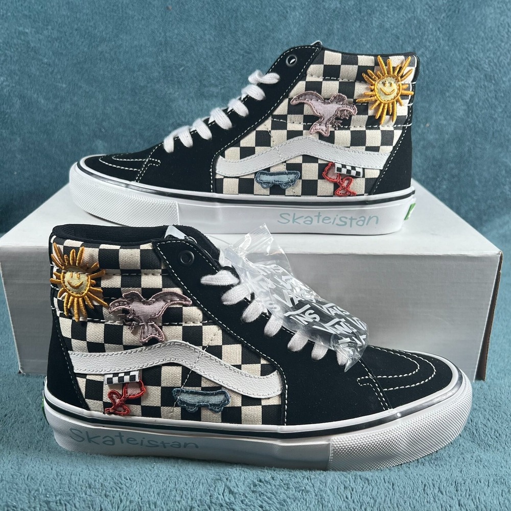 VANS Rare Skateistan Sk8-Hi Men's Black Check Leather Skateboard Shoes Size US 9